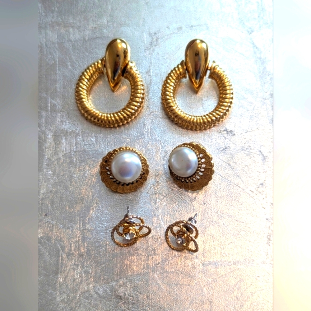 Vintage Earrings 3 pairs Door Knocker Goldtone Faux Pearl Diamond Atomic